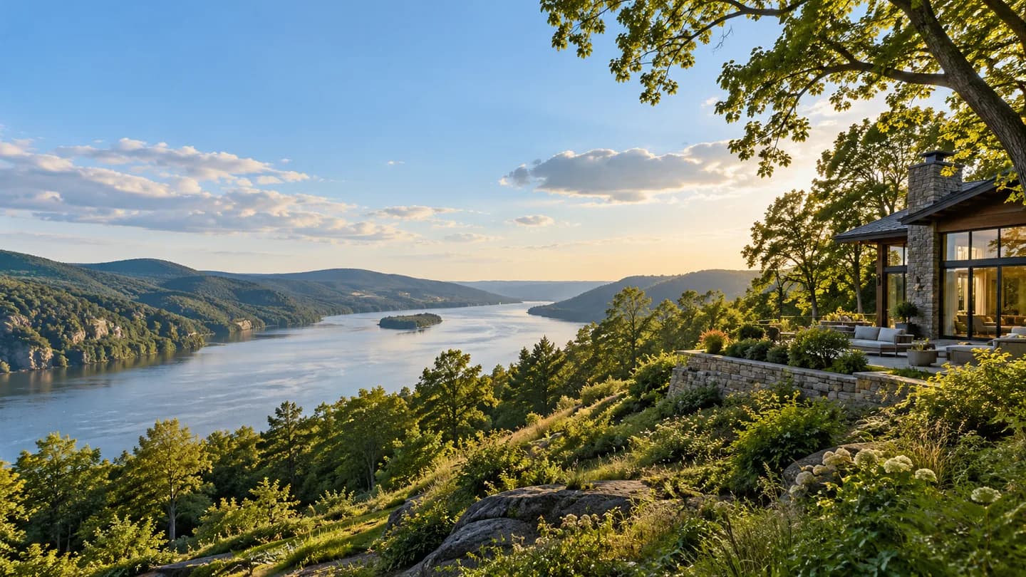 Illustrative Hudson Valley inspired river landscape and hillside home